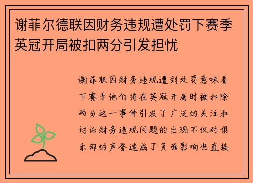 谢菲尔德联因财务违规遭处罚下赛季英冠开局被扣两分引发担忧