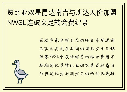 赞比亚双星昆达南吉与班达天价加盟NWSL连破女足转会费纪录